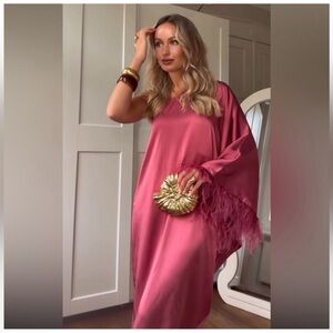 ZARA FEATHERED SATIN LONG DRESS